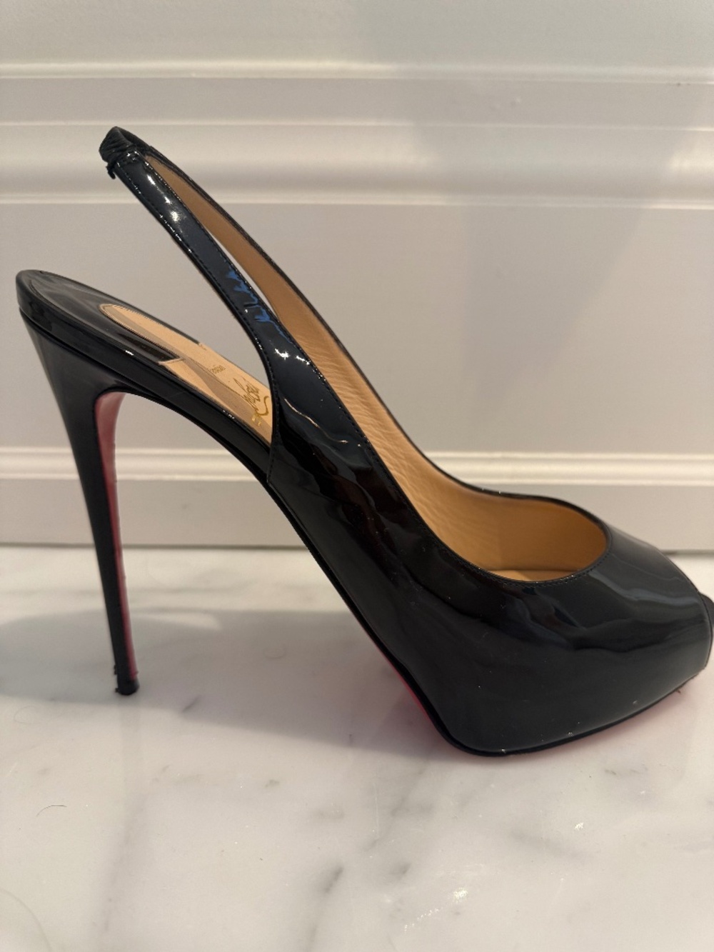 Christian Louboutin Black Patent Peep-Toe Platform Slingback Heels - size 40.5